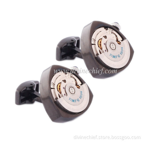 Novelty Love Shape Watch Movement Cufflinks Stainless Steel Black Plated Cufflinks